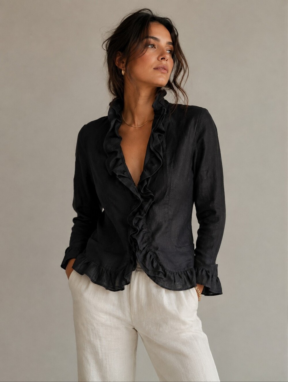 Malcolm & Co. Ruffle Blazer Jacket Size 10 Black 100% Linen